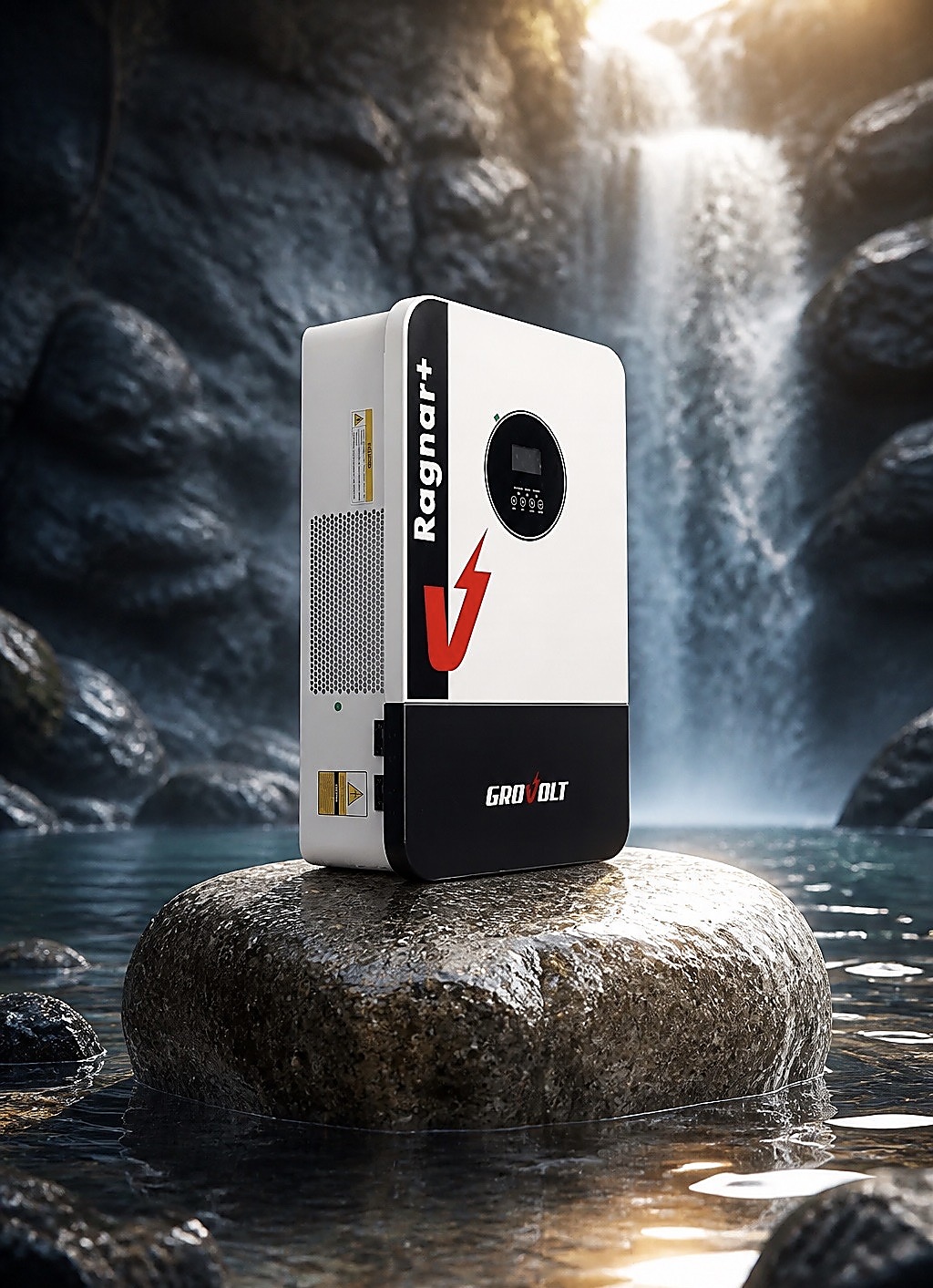 Grovolt Ragnar+ hybrid inverter in outdoor waterfall scene