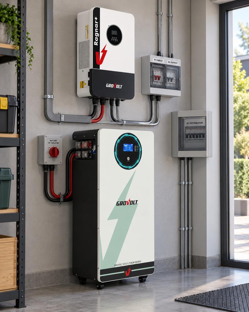Grovolt Ragnar+ hybrid inverter mounted on a grey wall above a Grovolt Eco lithium battery on wheels, wired through a battery DC isolator, PV input and AC output breaker box and AC distribution board, beside a window with greenery outside